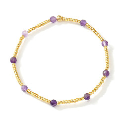 Аметист Эластичные браслеты для женщин из натурального аметиста и латунных бусин., круглые, золотые, 6.89 дюйм (17.5 см)