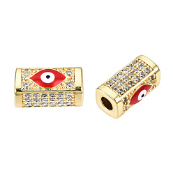 Dark Red Brass Micro Pave Cubic Zirconia Beads, with Enamel, Real 18K Gold Plated, Rectangle with Evil Eye, Nickel Free, Dark Red, 14x8x7mm, Hole: 3.5mm