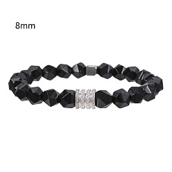 Нержавеющая Сталь Цвет Многоугольные браслеты из натурального черного агата, выполненные из эластичных бусин., 304 Ювелирные изделия из нержавеющей стали и стразов для мужчин и женщин, цвет нержавеющей стали, 7.09~7.48 дюйм (18~19 см)