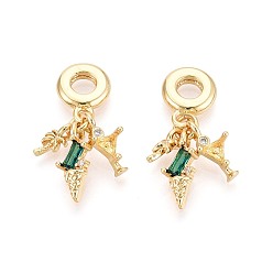 Real 18K Gold Plated & Gunmetal Европейские подвески с паве из прозрачных и зеленых кубических цирконий из латуни, мороженое, бокал и кокосовая пальма, Подвески с большими отверстиями, настоящее золото 18 k и бронза, 29 мм, отверстие : 4.8 мм