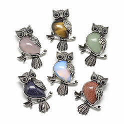 Mixed Stone Natural & Synthetic Mixed Stone Big Pendants, with Alloy Findings, Owl, Antique Silver, 50x34.5x9mm, Hole: 5x9mm