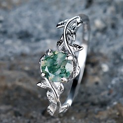 Платина Овал и лист 925 кольца из стерлингового серебра с моховым агатом, платина, размер США 8 (18.1 мм)