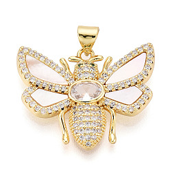 Настоящее золото 18K Латунные микропаве прозрачные подвески с фианитом, без кадмия и без свинца, с оболочкой, Пчелы, реальный 18 k позолоченный, 21.5x27x4 мм, отверстие : 3.5 мм