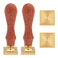 Золотой DIY альбом, квадратная латунная пустая головка штампа с ручкой из натурального дерева, золотые, 24.5x24.5x14 мм, длина диагонали: 34.5 мм, отверстие : 6.5 мм, 2 шт / комплект