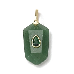 Green Aventurine Natural Green Aventurine Pendants, Faceted Hexagon Charms with Brass Micro Pave Cubic Zirconia Findings, Golden, 32.5x14.5x9mm, Hole: 4.5x6.5mm