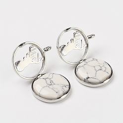 Howlite Synthetic Howlite Pendants, with Brass Diffuser Locket Finding, Flat Round with Christmas Reindeer/Stag, 31x26x8mm, Hole: 4mm