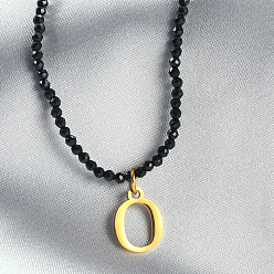 Letter O 304 подвеска из нержавеющей стали с инициалом, ожерелья из граненых круглых бусин черного стекла для женщин, золотые, Письмо O, 15.35 дюйм (39 см)