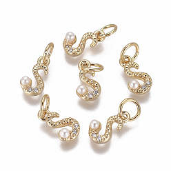 Letter S Латунь прелести, с фианитами и оболочки жемчужиной шарик, буквы, золотые, прозрачные, letter.s, 9.5~11x3.5~10.8x3~3.5 мм, отверстие : 3.5 мм