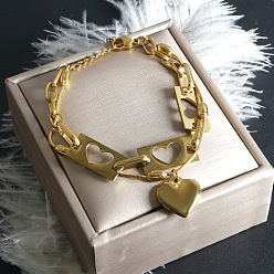 Золотой 304 шарм браслеты из нержавеющей стали сердце, многорядные цепочные браслеты для женщин, золотые, 6-3/4 дюйм (17.3 см)