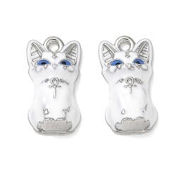 White Alloy Enamel Pendants, Cat Shape Charms, Rack Plating, Cadmium Free & Nickel Free & Lead Free, Platinum, White, 20x10.5x5.5mm, Hole: 1.6mm