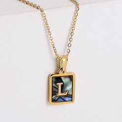 Letter L 304 ожерелья с прямоугольной подвеской из натуральной ракушки пауа из нержавеющей стали для женщин, реальный 18 k позолоченный, Письмо L, 17.72 дюйм (45 см)