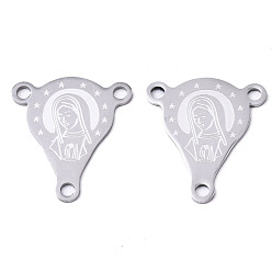 Stainless Steel Color Tarnish Resistant 201 Stainless Steel Chandelier Component Links, 3 Loop Connectors, Oval with Virgin Mary, Rosary Center Pieces, Stainless Steel Color, 24.5x22x1mm, Hole: 2mm