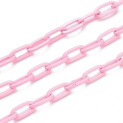 Pink Eco-friendly Spray Painted Handmade Brass Paperclip Chains, Flat Oval, Soldered, with Spool, Pink, 12.5x6.5x1.5mm, 32.8 feet(10m)/roll