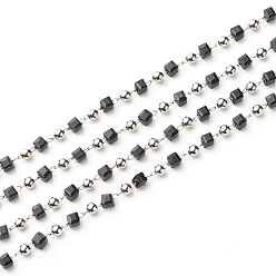 Черный Ручной цепи стекло бисером, пайки, с латунной фурнитурой , с катушкой, долговечный, Реальная платина, кубические, чёрные, 3~3.2x3~3.2x3~3.2 мм, 3 мм, около 32.8 футов (10 м) / рулон