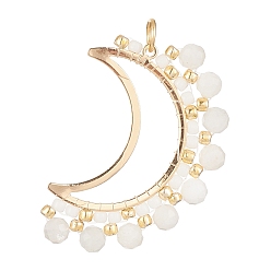 Rainbow Moonstone Ограненные круглые подвески из натурального радужного лунного камня, латунные подвески в виде луны с открытой спинкой и стеклянными бусинами, золотые, 32x23x3.5 мм, отверстие : 3.4 мм