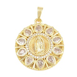 Плоский Круглый Латунные микро проложить кубического циркония подвески, прелести девы марии, долговечный, стойки покрытие, без свинца и без кадмия, реальный 18 k позолоченный, прозрачные, плоско-круглые, 27x24x4.5 мм, отверстие : 5.3x3.2 мм