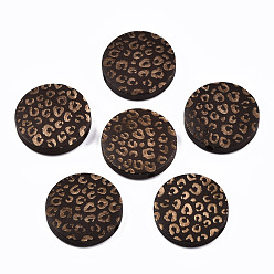 Coconut Brown Painted Natural Wood Beads, Laser Engraved Pattern, Flat Round with Leopard Print, Coconut Brown, 20x5mm, Hole: 1.5mm