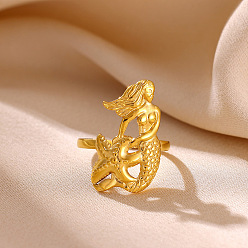 Mermaid 304 Stainless Steel Cuff Open Rings, Golden, Mermaid, Inner Diameter: 15~20mm