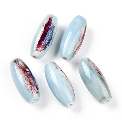 Светло-голубой Фарфоровые бусины ручной работы, фантазии античного стекла фарфора, овальные, светло-голубой, 30~32x12~13.5 мм, отверстие : 2~3.5 мм