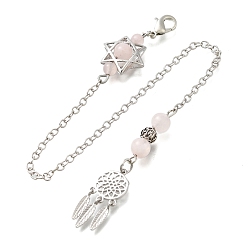 Розовый Кварц Круглые маятники для биолокации из натурального розового кварца, с реечным покрытием, фурнитура из латуни и сплавов, плетеная сеть/паутина с перьями и звездой Давида, 248 мм