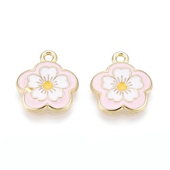 Розовый Подвески из сплава и эмали, цветок, золотой свет, туманная роза, 17~17.5x15x2 мм, отверстие : 1.8 мм