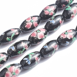 Цветок Ручной печатный шарики фарфора, овальные, цветочный узор, 14~16x8~9 мм, отверстие : 1.5~2 мм, около 23 шт / нитка, 13.5 дюйм (34 см)
