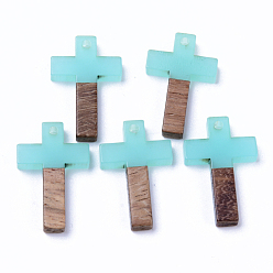 Бирюза Подвески из смолы и ореха, крестик, бирюзовые, 26x16x3 мм, отверстие : 1.8 мм