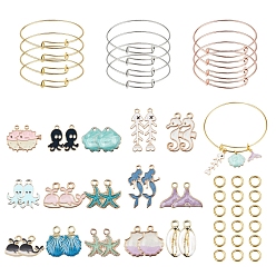 Mixed Color DIY Ocean Theme Bangle Making Kits, with Alloy Enamel Pendants and Adjustable Brass Expandable Bangle Makings, Mixed Color, 2-3/4 inch(70mm), 2mm, 12pcs/set