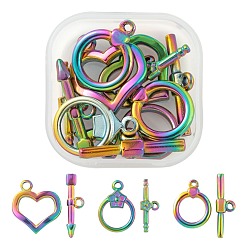 Rainbow Color 6 Sets 3 Style Ion Plating(IP) 304 Stainless Steel Toggle Clasps, Heart & Arrow, Ring & Bar, Rainbow Color, Ring: 18~20x13.5~18x2.7~3mm, Hole: 1.5~2mm, Bar: 19.5~23.5x6.5~7x2.5~3mm, Hole: 1.2~1.8mm, 2 sets/style