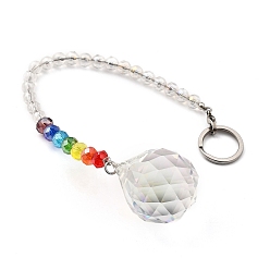 Colorful Chakra Round Ball Crystal Suncatcher Dowsing Pendulum Pendants, with 304 Stainless Steel Split Key Rings, Glass Beads, Velvet Bag, Stainless Steel Color, Colorful, 24cm