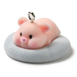 Свинья Подвески для сна из флокированной смолы, Подвески в виде животных с железными петлями с платиновым покрытием, свинья, 23x35x35 мм, отверстие : 2.8 мм