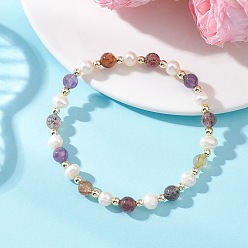 Смешанные камни Натуральный ауралит 23 и браслеты из культивированного пресноводного жемчуга на эластичной основе для женщин, круглые, с немагнитных синтетическими гематита бисера, бисер: 3мм/6мм/6x7мм, внутренний диаметр: 2.17 дюйм (5.5 см)