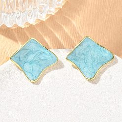 Cielo Azul Pendientes de botón de latón esmaltado para mujer, rombo, larga duración plateado, chapado en rack, sin plomo y el cadmio, dorado, el cielo azul, 20x22 mm