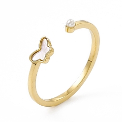 Real 14K Gold Plated Ion Plating(IP) 304 Stainless Steel Butterfly Shell Cuff Ring for Women, ABS Plastic Imitation Pearl Open Rings, Real 14K Gold Plated, 1.5mm, Inner Diameter: US Size 7 3/4(17.9mm)