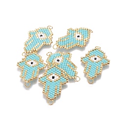 Turquoise MIYUKI & TOHO Handmade Japanese Seed Beads Links, Loom Pattern, Hamsa Hand/Hand of Fatima/Hand of Miriam, with Evil Eye, Turquoise, 28~28.5x20~20.5x1.7mm, Hole: 2.5mm