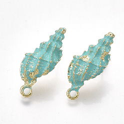 Medium Aquamarine Spray Painted Alloy Stud Earring Findings, with Steel Pins, with Loop, Conch, Light Gold, Medium Aquamarine, 24~24.5x10mm, Hole: 1.6mm, Pin: 0.7mm