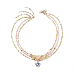 Mixed Color 3Pcs 3 Style Shell Pearl & Polymer Clay Flower & Glass Seed Beaded Necklaces Set, Alloy Enamel Evil Eye Charms Stackable Necklace for Women, Mixed Color, 14.61~17.17 inch(37.1~43.6cm), 1Pc/style