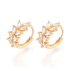 Прозрачный Серьги-кольца в форме листа с микропаве из кубических цирконий из латуни, реальный 18 k позолоченный, прозрачные, 15x15.5x7.5 мм