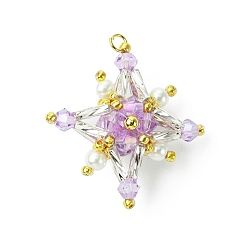 Лиловый Подвески из стеклянного бисера тетраптера, с соединительным кольцом и стеклянными жемчужными круглыми бусинами, сирень, 31x31x13 мм, отверстие : 2.5 мм