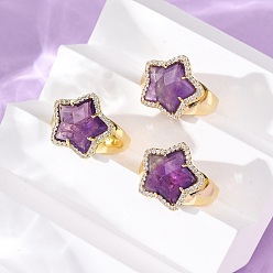 Аметист Звездный натуральный аметист кубический цирконий манжеты кольца, латунные регулируемые кольца для женщин, золотые, 17.5x18.5 мм