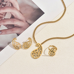 Золотой Комплекты из ожерелья, серег-гвоздиков и колец из нержавеющей стали с полым кулоном-каплевидной формы для женщин, золотые, ожерелья: 16.93 дюйм (43 см)