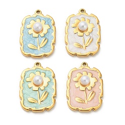 (52) Непрозрачная лаванда 304 нержавеющей стальной эмали подвески, Прямоугольник с цветком, с ABS имитации жемчуга, ионное покрытие (ip), реальный 18 k позолоченный, разноцветные, 25.5x18x6.5 мм, отверстие : 1.6 мм