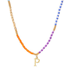 Letter P Ожерелья из стеклянного бисера с радужным градиентом, латунные кулоны, золотые, Письмо P, 16.54 дюйм (42 см)