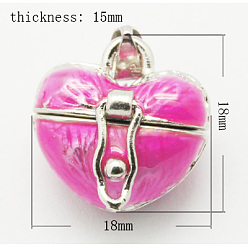 Deep Pink Brass Prayer Box Pendants, Enamel, Heart, Platinum, Deep Pink, 18x18x15mm, Hole: 4x6mm