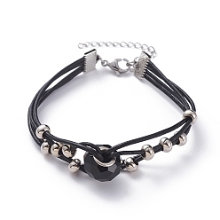 Black Cowhide Leather Cord Multi-strand Bracelets, with Glass European Beads, Brass Spacer Beads, Iron Ribbon Ends and 304 Stainless Steel Lobster Claw Clasps, Black, 7-1/2 inch(19cm), 6~16mm