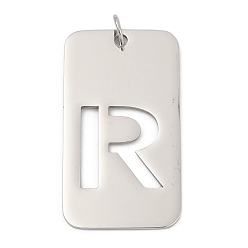Letter R 304 подвески из нержавеющей стали, с целью перехода в кольце, прямоугольник с полой буквой-подвеской, анти-тускнение, лазерная резка, Буква R, 49.5x28x1.5 мм, отверстие : 6.5 мм