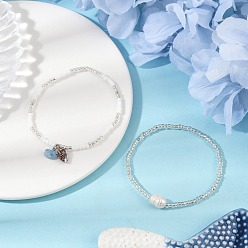 Белый Стеклянные бусины эластичные браслеты для женщин, с натуральным культивированным пресноводным жемчугом и бусинами из ракушек, раковина, белые, внутренний диаметр: 2-3/8~2-1/2 дюйм (6~6.5 см), 2 шт / комплект