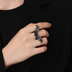 Black Halloween Adjustable Brass Cuff Open Rings, Bat, Black, 15~20mm
