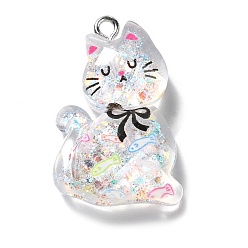 Белый Прозрачные смоляные подвески, с платиновой железной петлей и пудрой с блестками, кошка, белые, 29x19x7.5 мм, отверстие : 2 мм