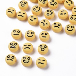 Светло-хаки Непрозрачные светлые акриловые бусины цвета хаки, плоский круглый с черным случайным выражением, 7x4 мм, отверстие : 1.6 мм, Около 3650 шт / 500 г